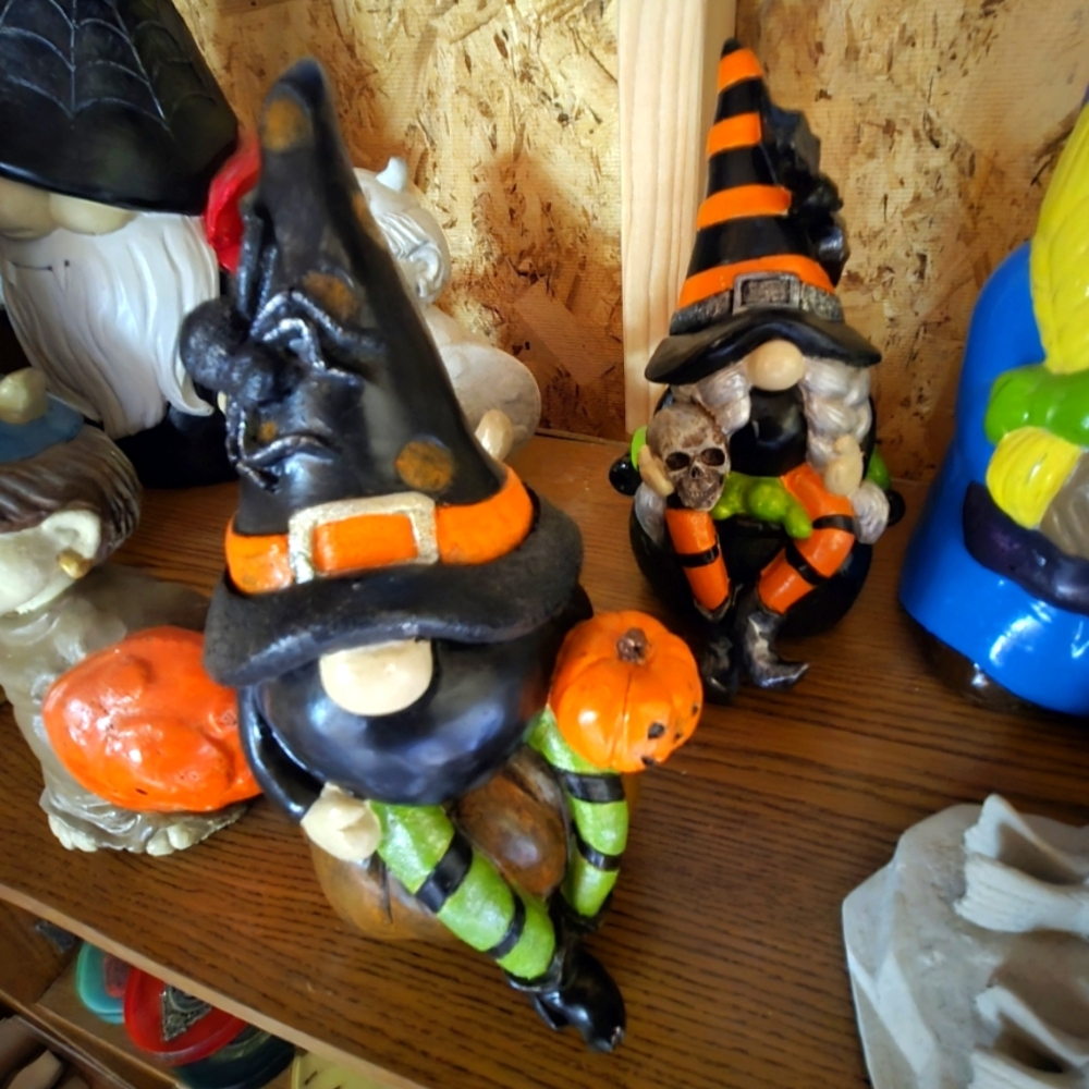 Cement Halloween Gnome Figurine with Black and Orange Hat